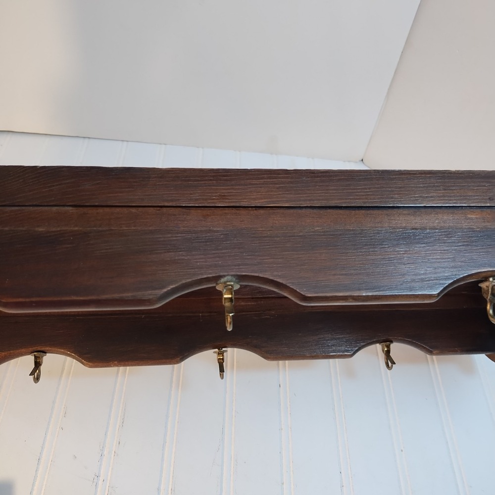 VTG Wood Wall Shelf Cup Saucer Plate 2 Tier Rack 6 Hook Farmhouse Country Retro - Picture 8 of 16